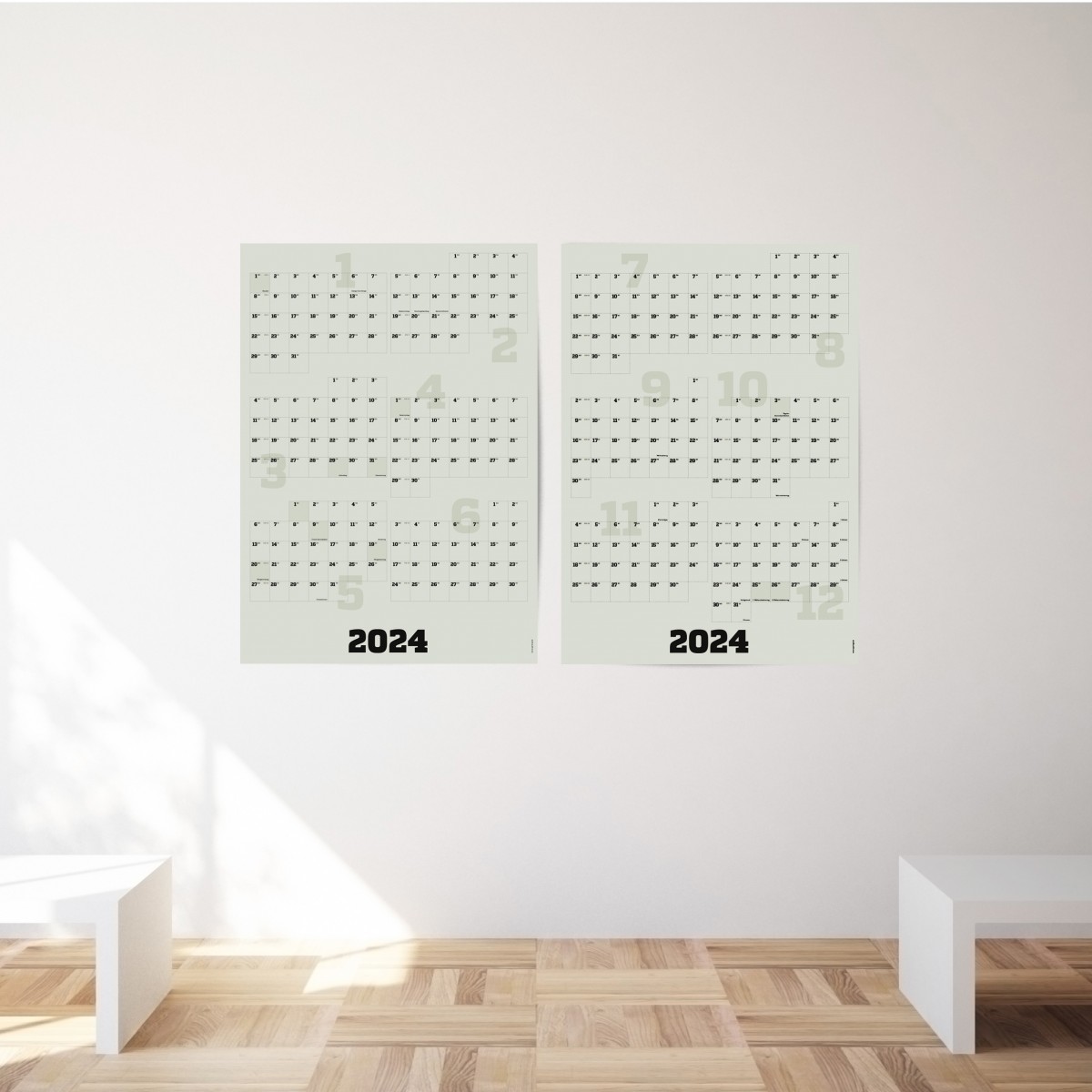 2-teiliger Wandkalender 2024, hoch oder quer, A1, mit passenden Klebezetteln // sperlingB.design