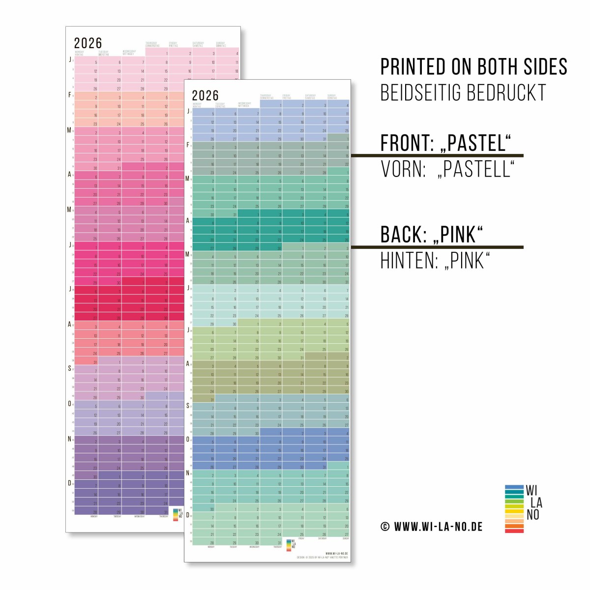 Wandkalender 2026 „Pink-Rosé-Violett“ Jahresplaner | Limited Edition | 100% Recyclingpapier | Deutsch-Englisch | Rückseite „Pastell-Türkis“