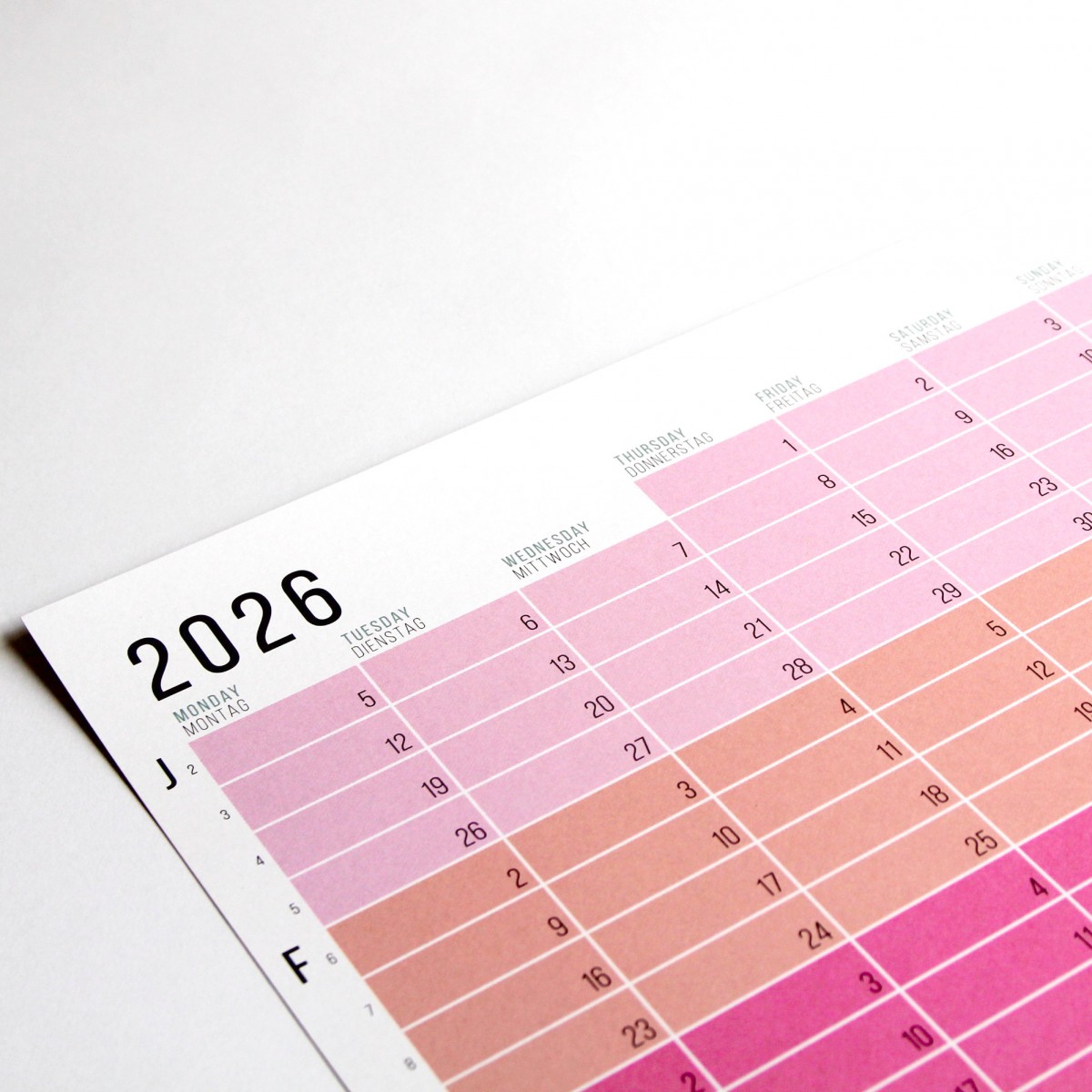 Wandkalender 2026 „Pink-Rosé-Violett“ Jahresplaner | Limited Edition | 100% Recyclingpapier | Deutsch-Englisch | Rückseite „Pastell-Türkis“