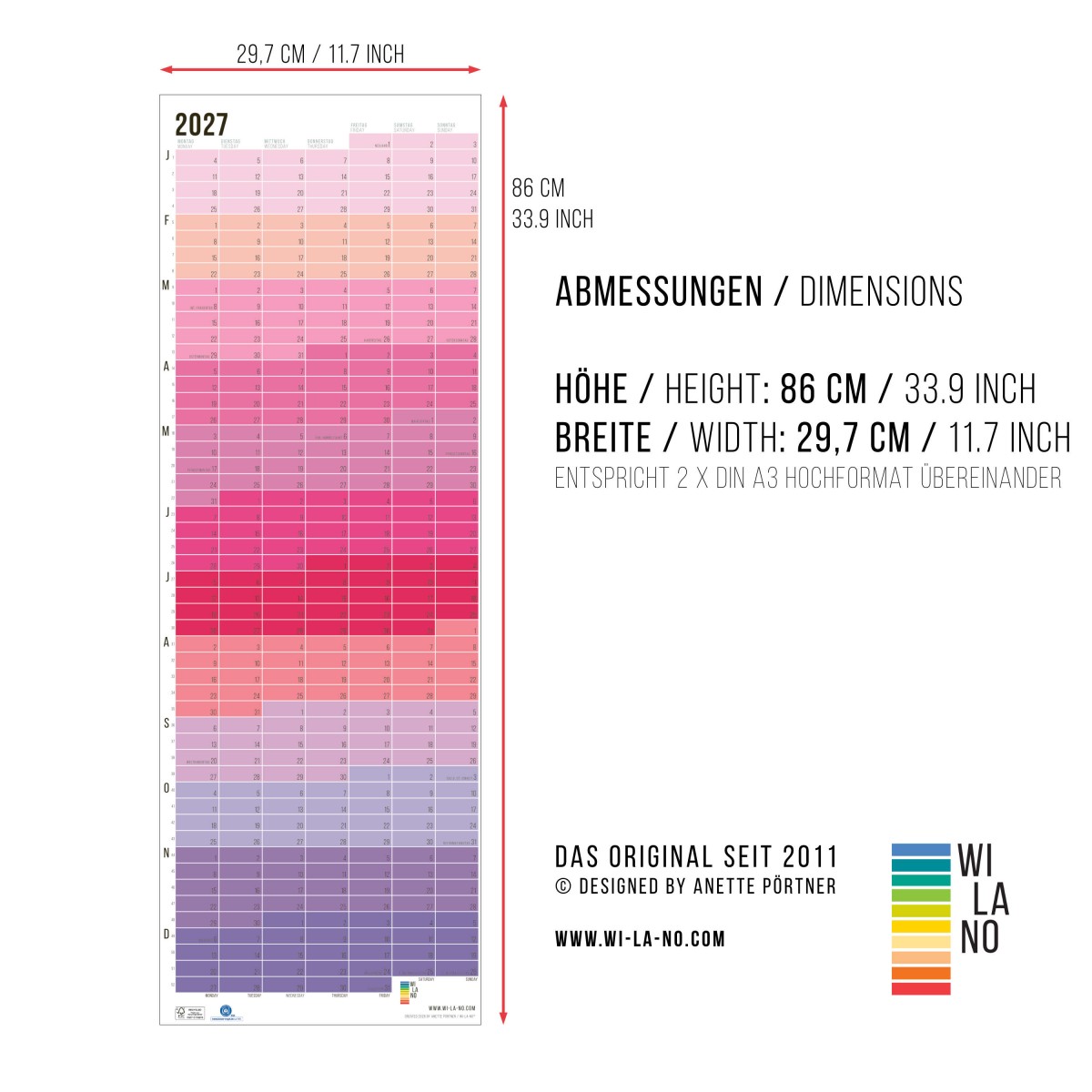 2027 Wandkalender „Pink-Rosé-Violett-Lila“ - Das Original von Wi-La-No | Jahresplaner | Limited Edition | 100% Recyclingpapier | beidseitig bedruckt
