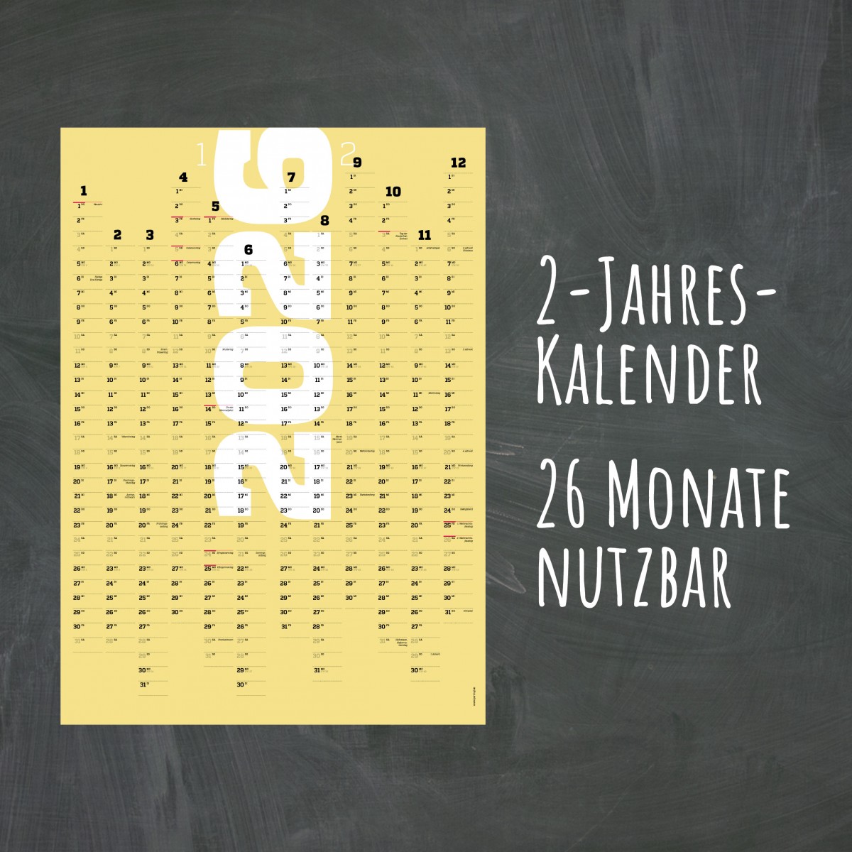 Wandkalender 2025 und 2026, 24 Monate verwendbar, A1-Jahresplaner, 2-Jahres-Kalender, Halbjahre abtrennbar, gelb // sperlingB.design