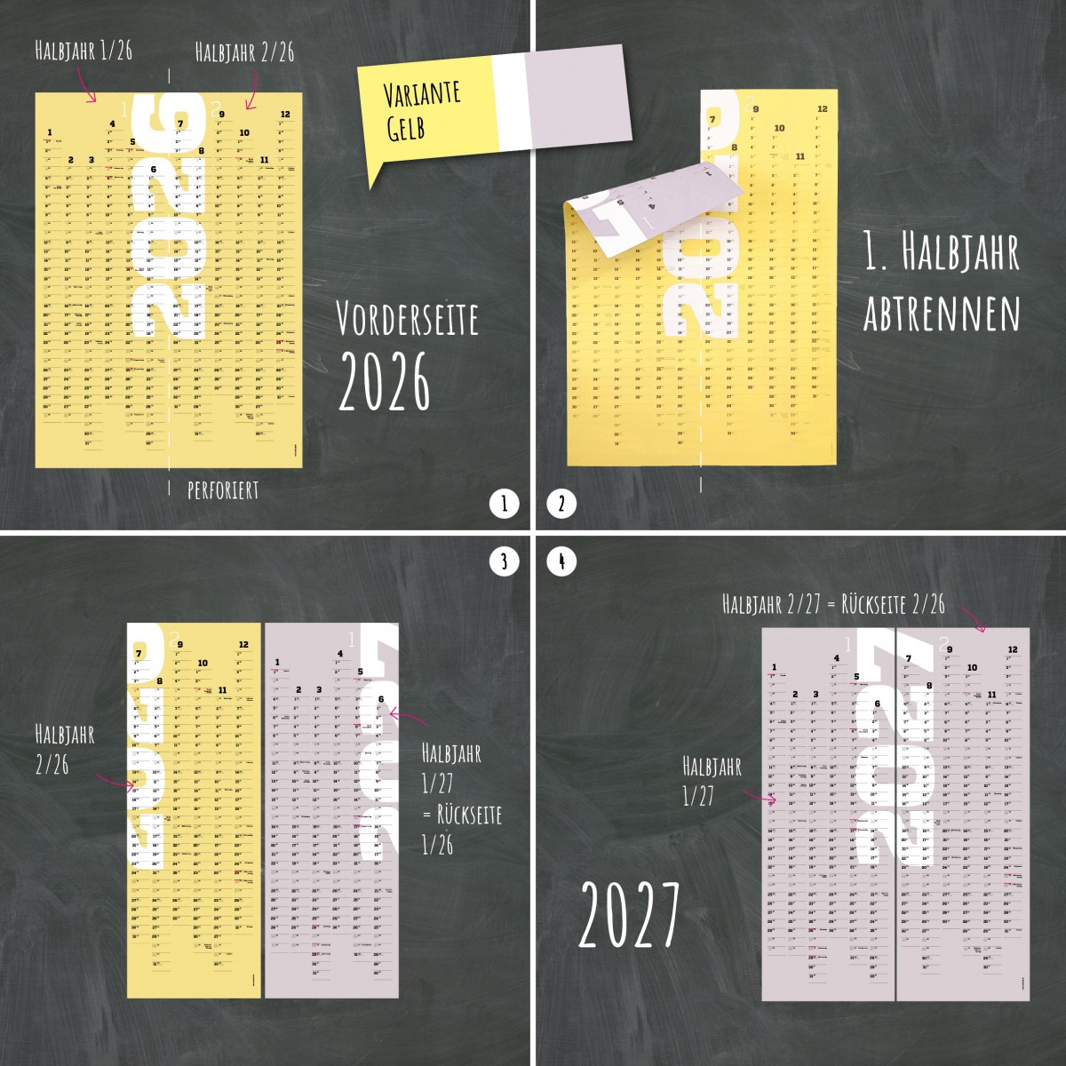 Wandkalender 2025 und 2026, 24 Monate verwendbar, A1-Jahresplaner, 2-Jahres-Kalender, Halbjahre abtrennbar, gelb // sperlingB.design