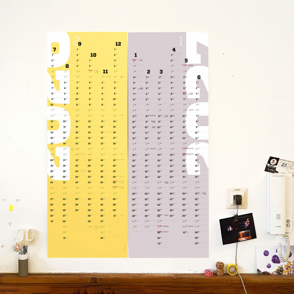 Wandkalender 2025 und 2026, 24 Monate verwendbar, A1-Jahresplaner, 2-Jahres-Kalender, Halbjahre abtrennbar, gelb // sperlingB.design