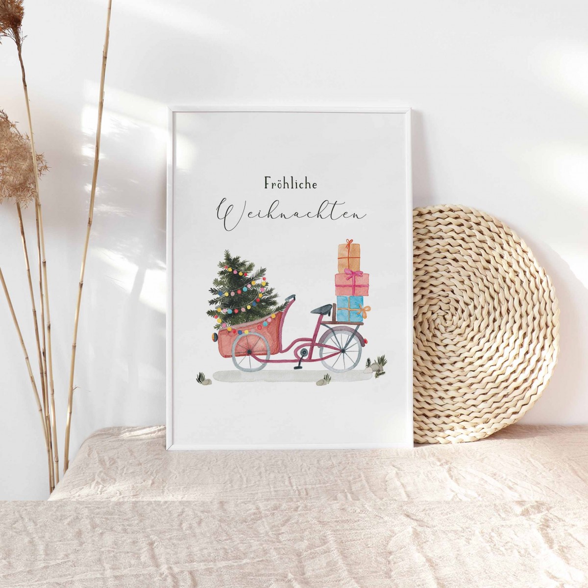 Paperlandscape | Aquarell Kunstdruck "Weihnachtsfahrrad" Weihnachtsposter | verschiedene Größen