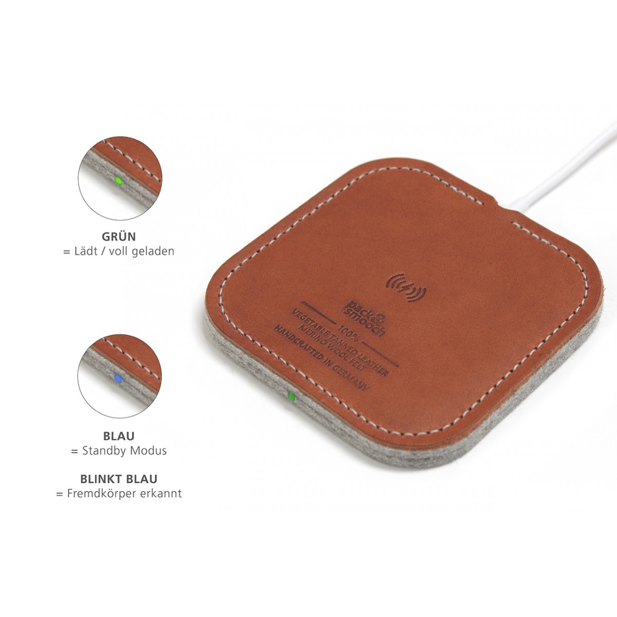 Pack & Smooch "Fast Wireless Charger" TAURUS 100% Merino Wollfilz, Naturleder