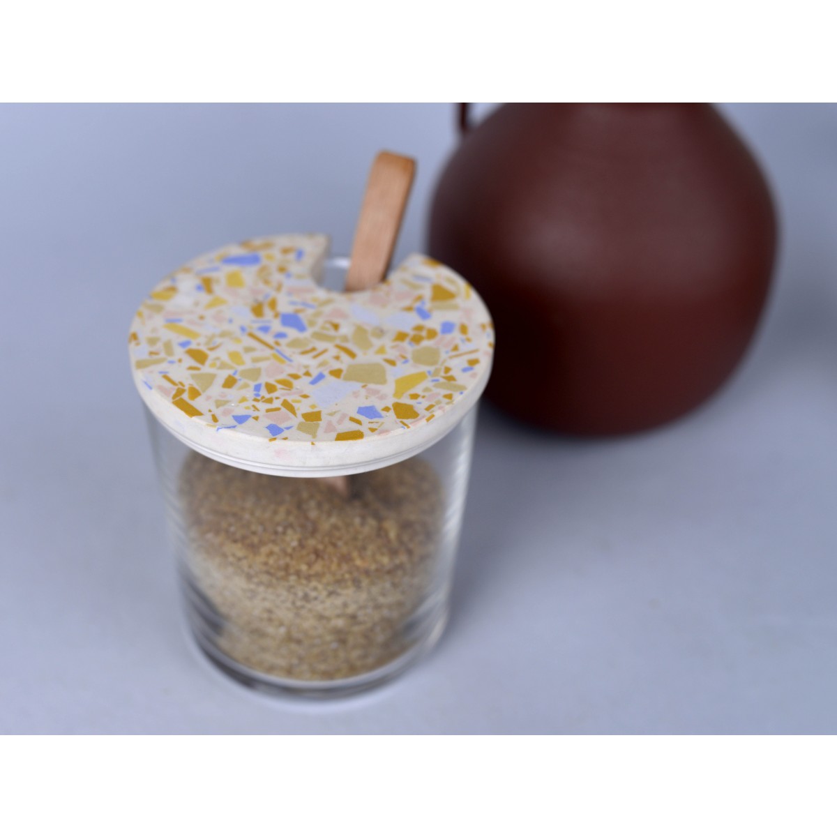 objet vague / Terrazzo Zuckerdose mit Holzlöffel / Blau