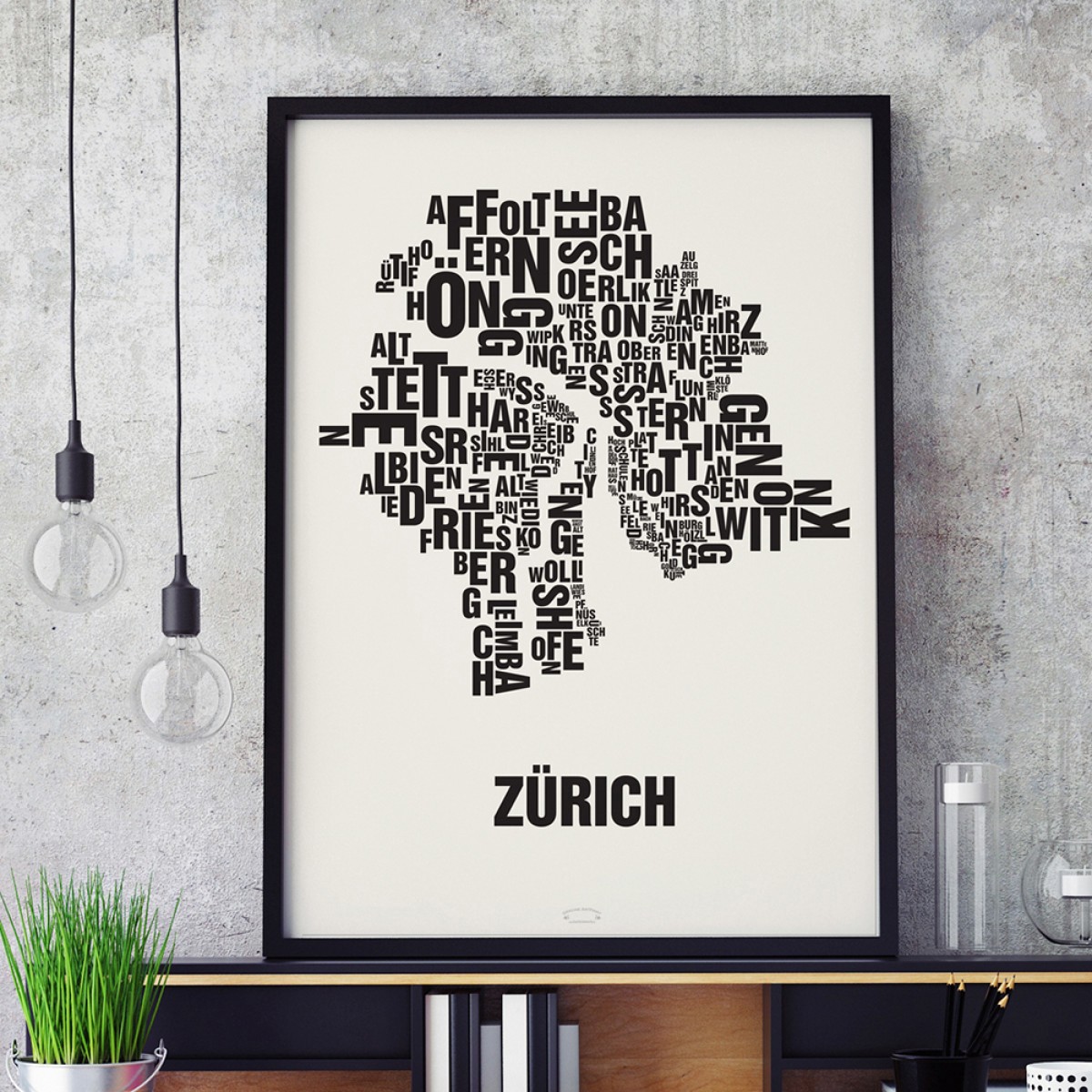 Buchstabenort Zürich Stadtteile-Poster Typografie Siebdruck