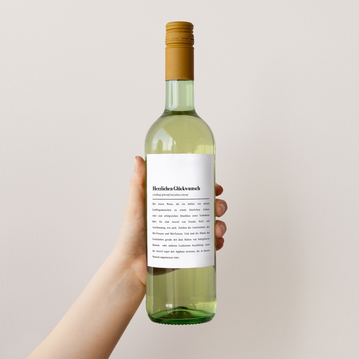 Etikett für Weinflaschen: "Herzlichen Glückwunsch" Definition