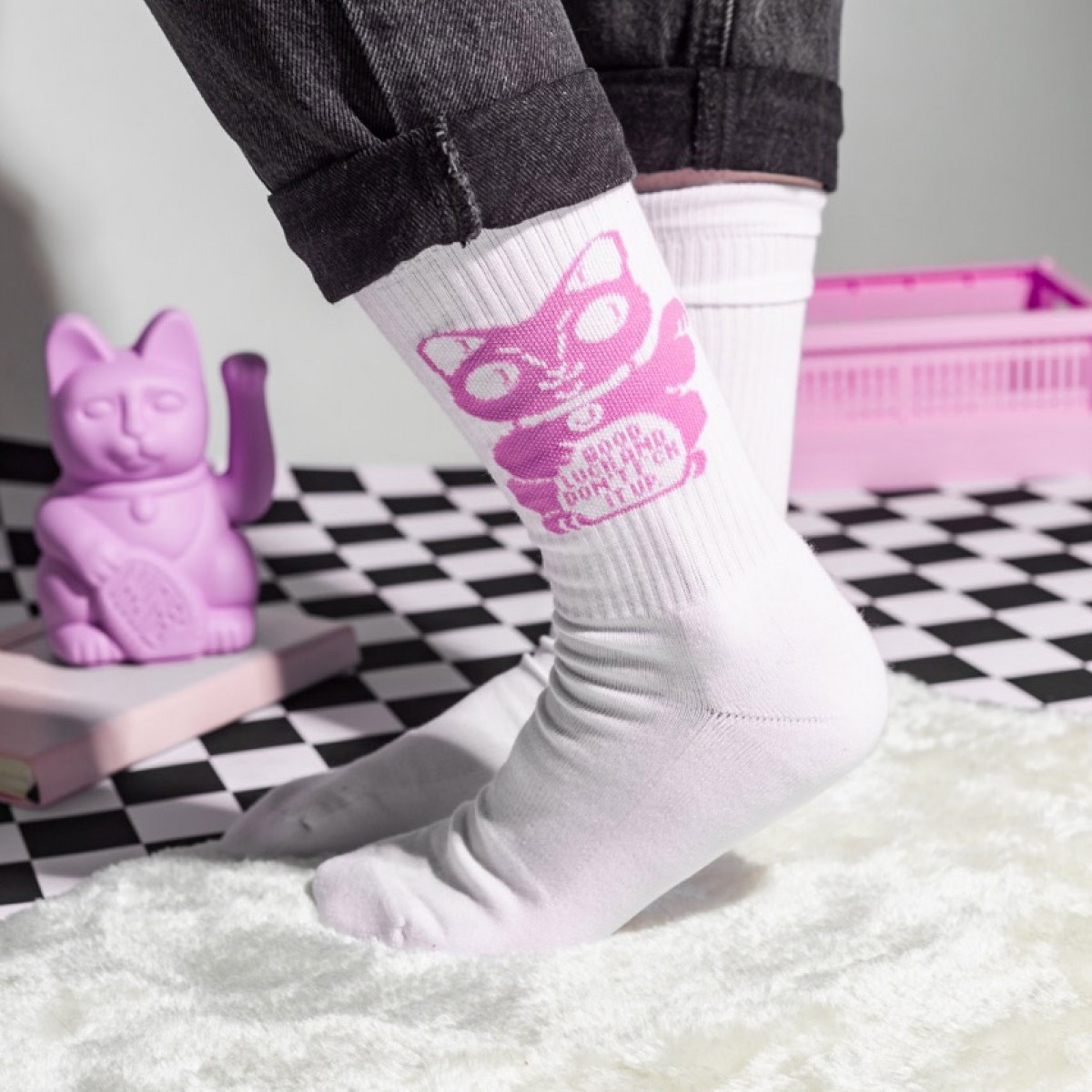 Crew-Socken Lucky Cat in Pink – Brunhilda