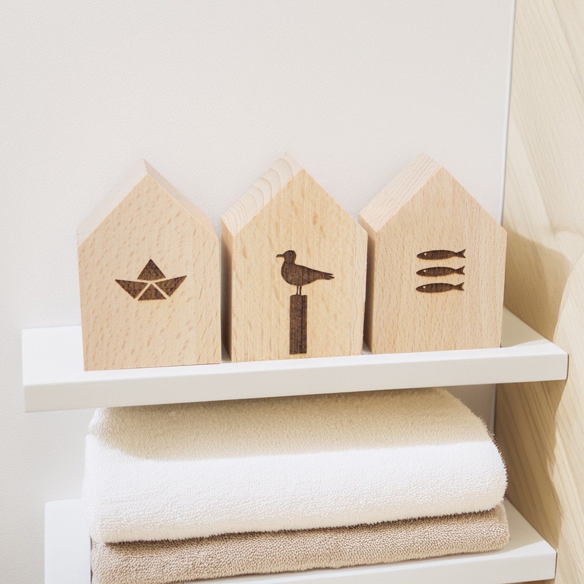 3er Set kleine Deko-Holzhäuschen Schiffchen-Möwe-Fische
