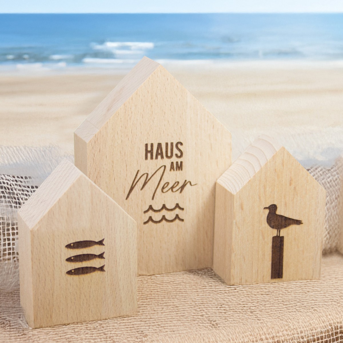 2er Set Deko-Holzhäuschen Haus am Meer