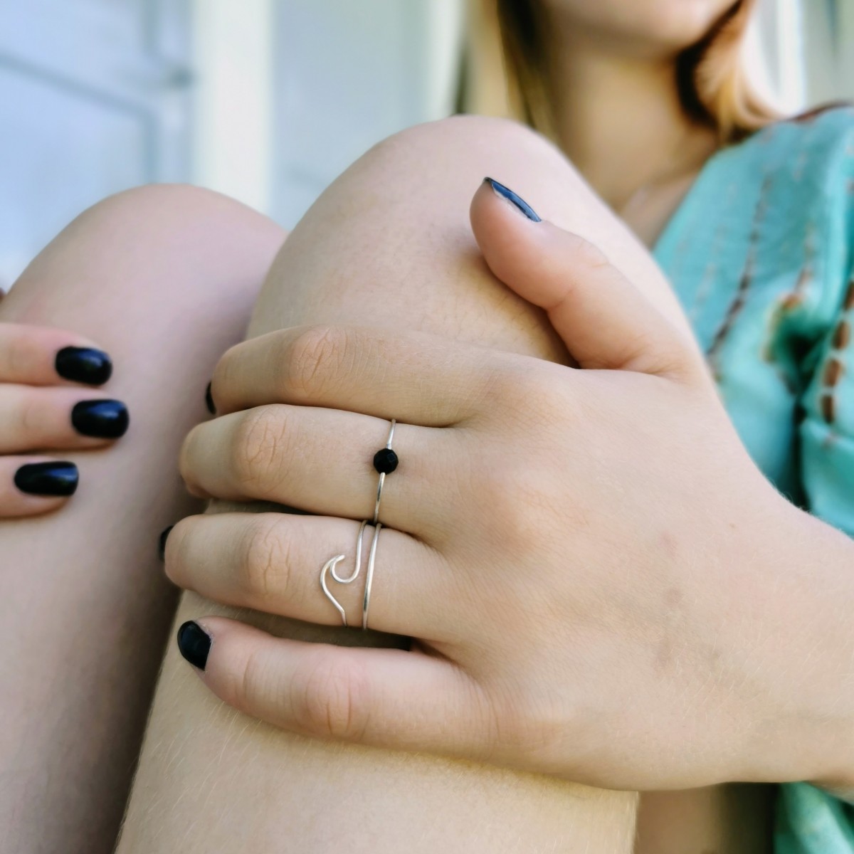 Stacking-Ring-Set mit schwarzem Onyx und Welle - in Sterling Silber - KIZZU Schmuck