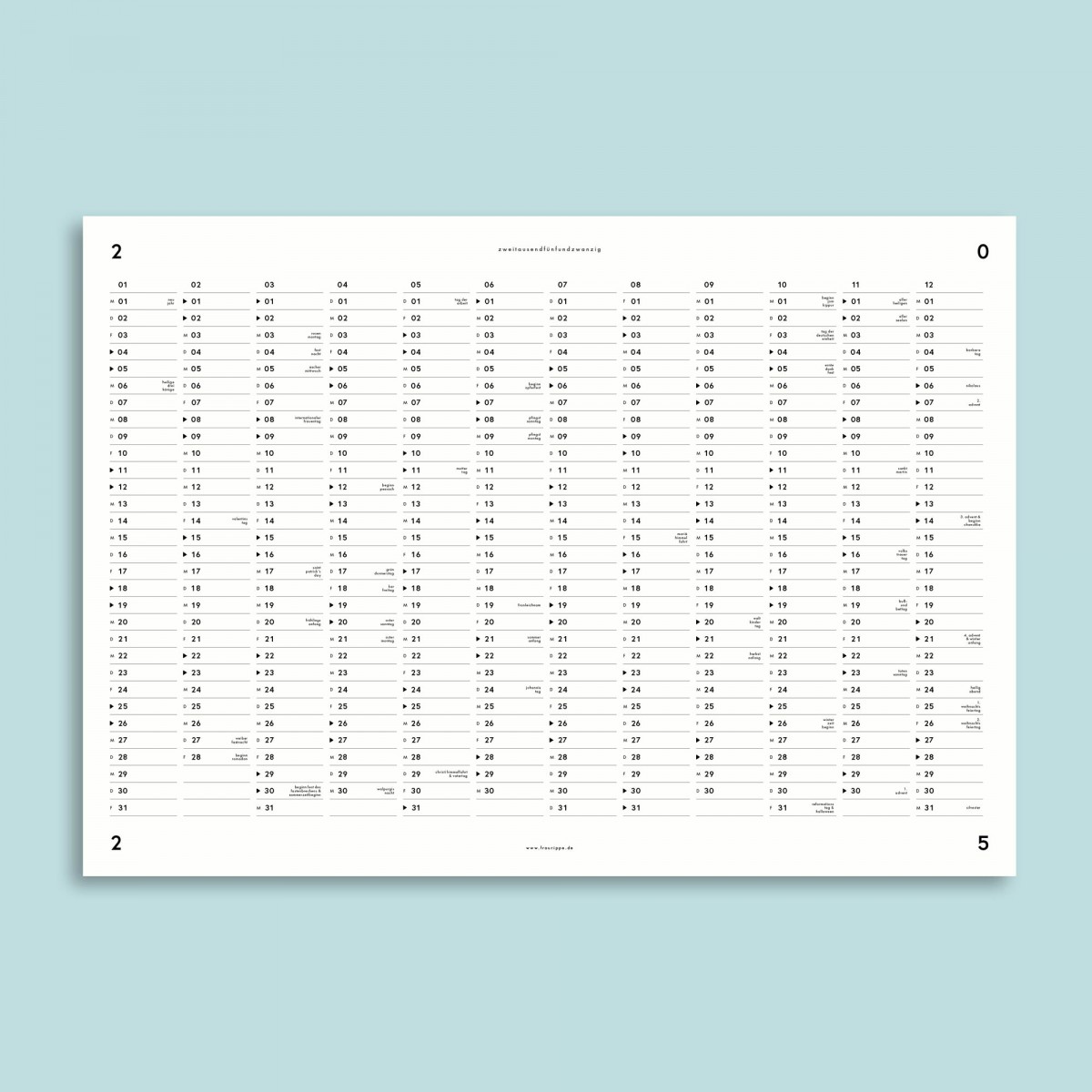 Jahres-Übersicht Nr. 01 / A2 Jahresplaner / doppelseitig bedruckt / mit & ohne Feiertage / fraurippe