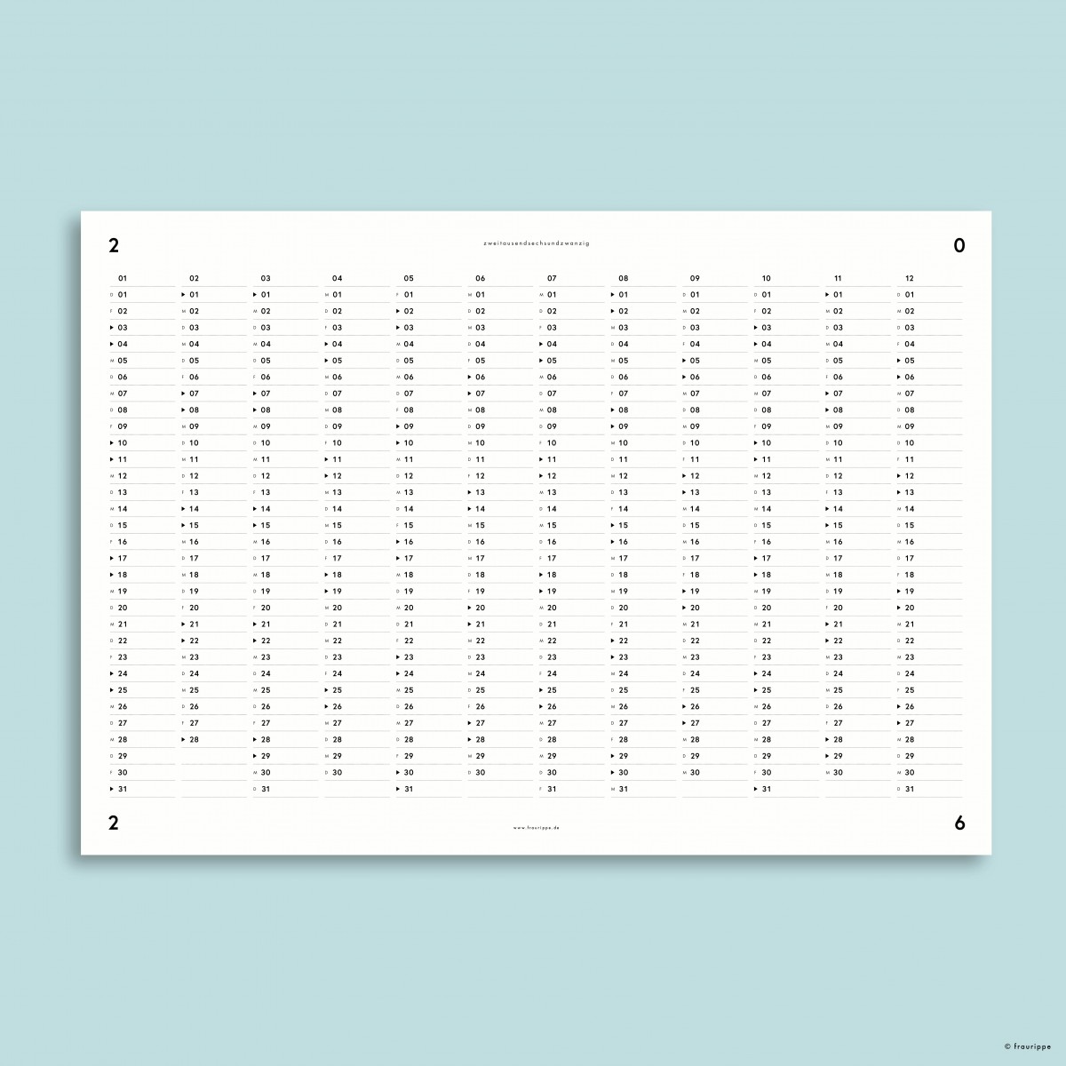 Jahres-Übersicht Nr. 01 2026 (+2025 gratis) / A2 Jahresplaner / doppelseitig / mit & ohne Feiertage / fraurippe