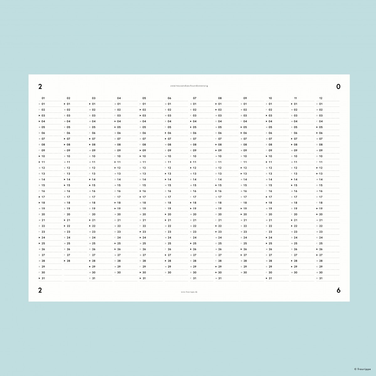Jahres-Übersicht Nr. 01 2026 (+2025 gratis) / A2 Jahresplaner / doppelseitig / mit & ohne Feiertage / fraurippe
