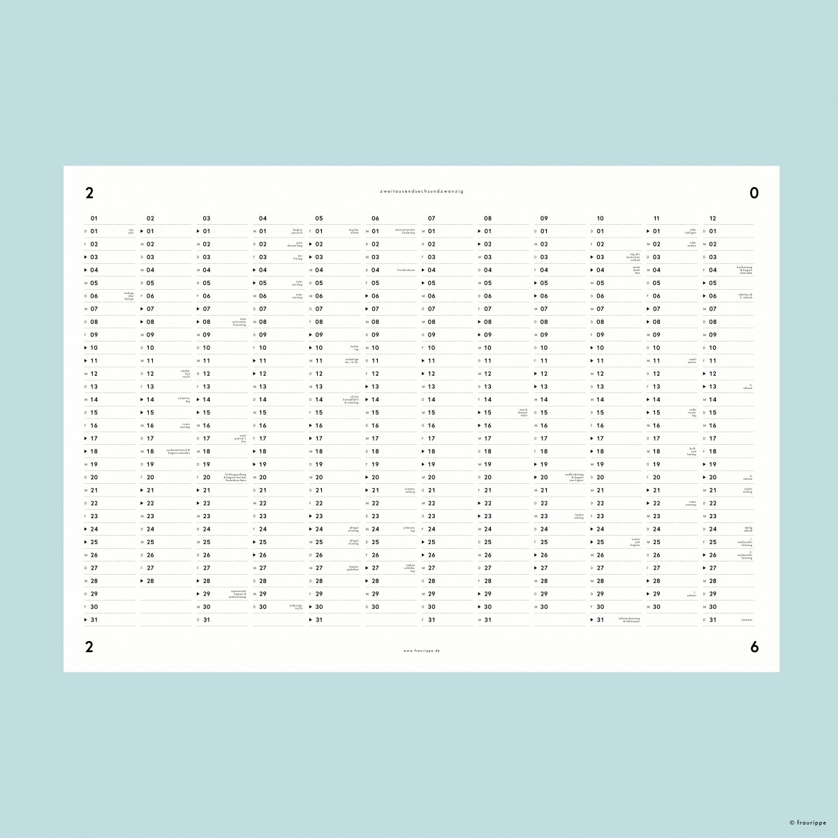Jahres-Übersicht Nr. 01 2026 (+2025 gratis) / A2 Jahresplaner / doppelseitig / mit & ohne Feiertage / fraurippe