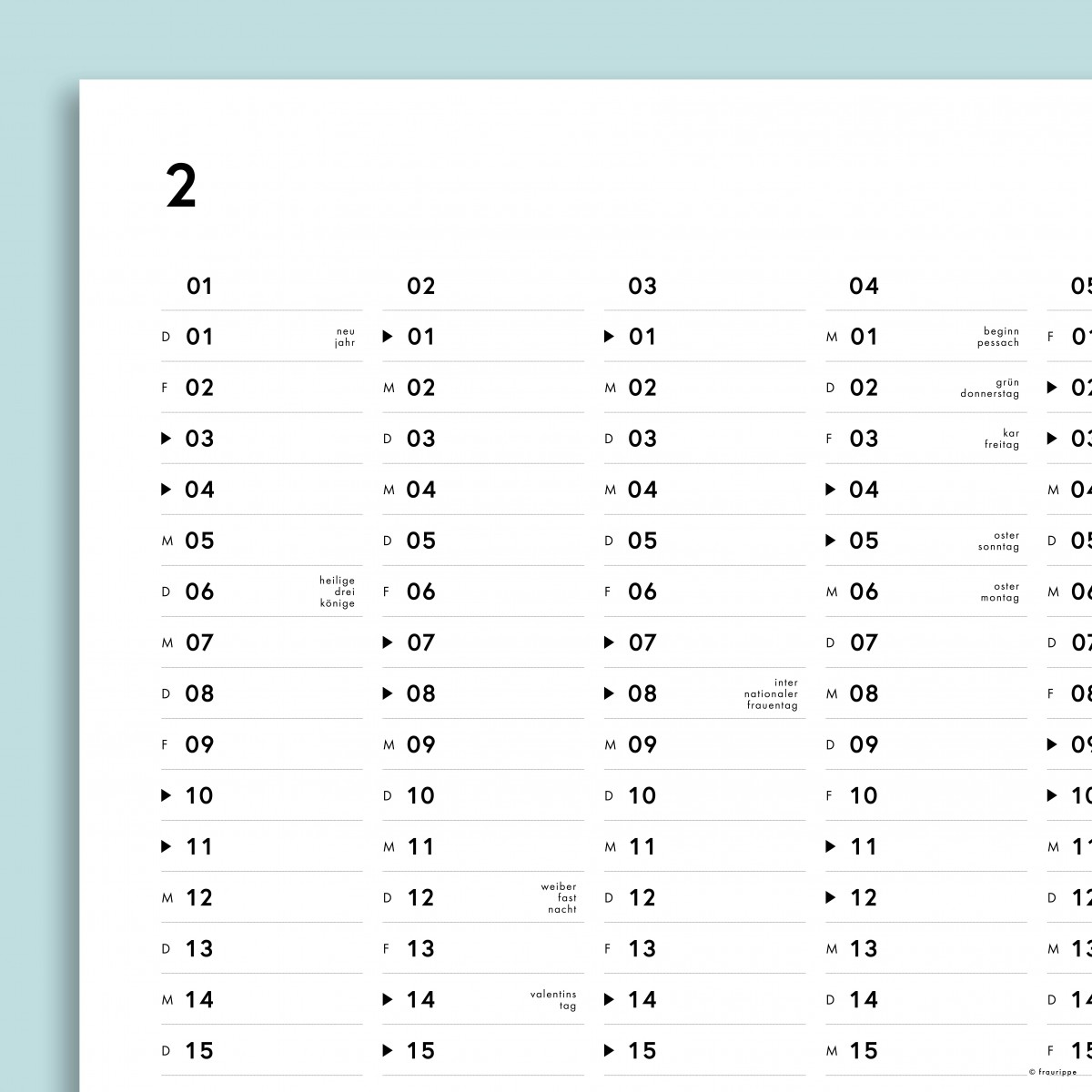 Jahres-Übersicht Nr. 01 2026 (+2025 gratis) / A2 Jahresplaner / doppelseitig / mit & ohne Feiertage / fraurippe