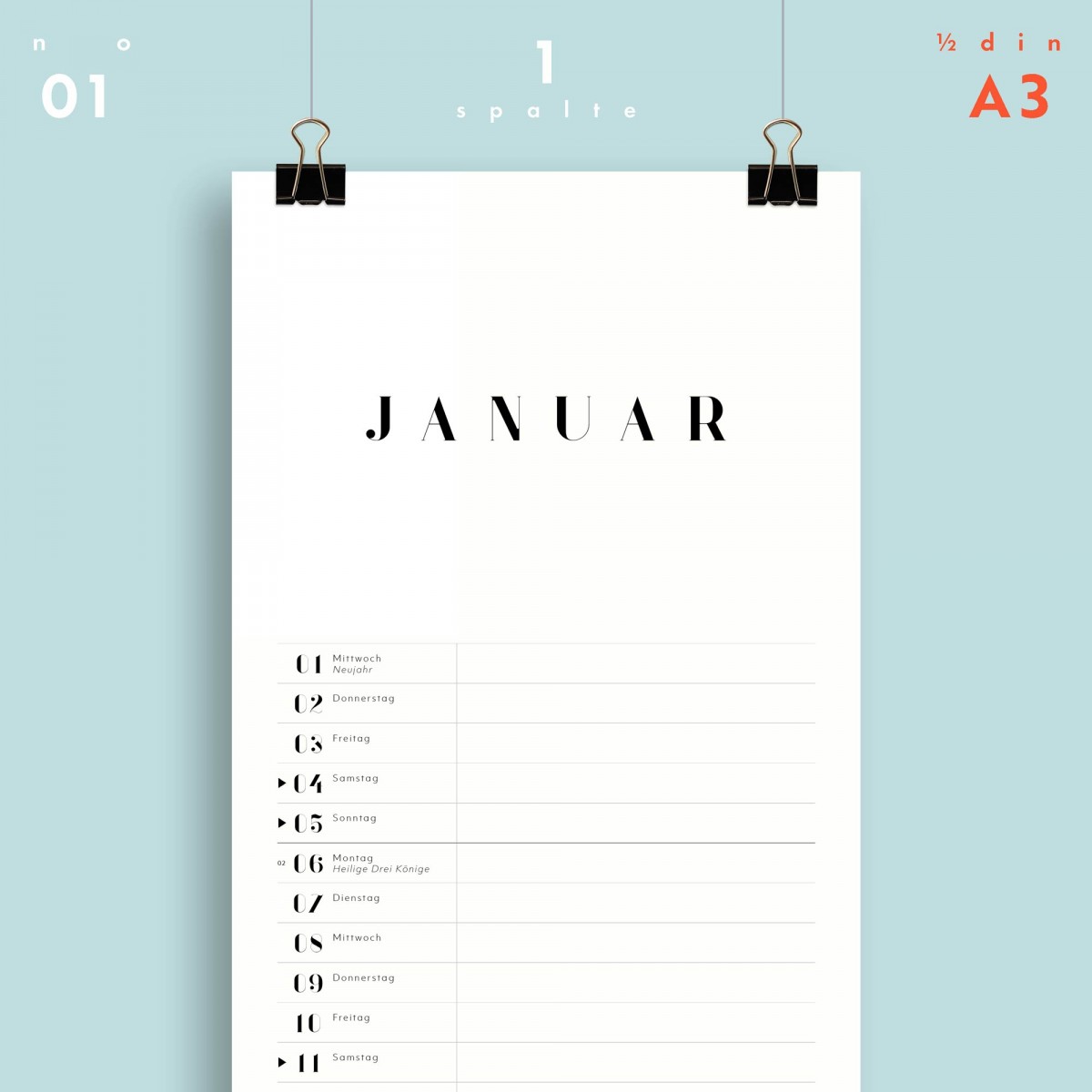 Jahresplaner Nr. 01 / 1 Spalte / ½ A3 / ab sofort / frau rippe