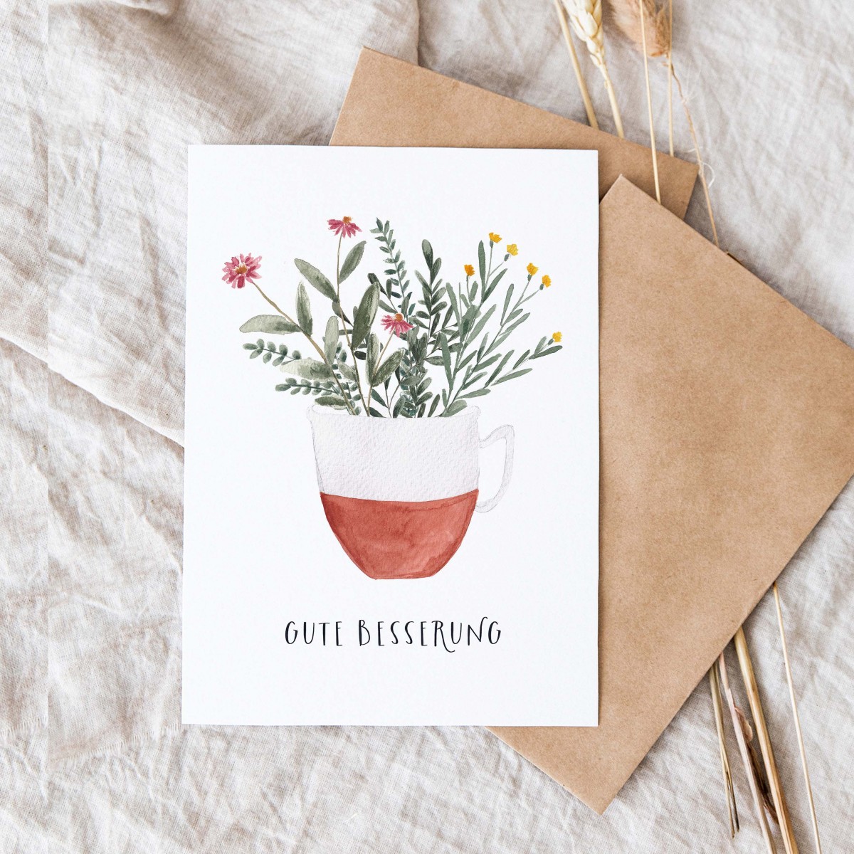 Paperlandscape | Faltkarte | "Gute Besserung" Tasse mit Blumen Terrakotta