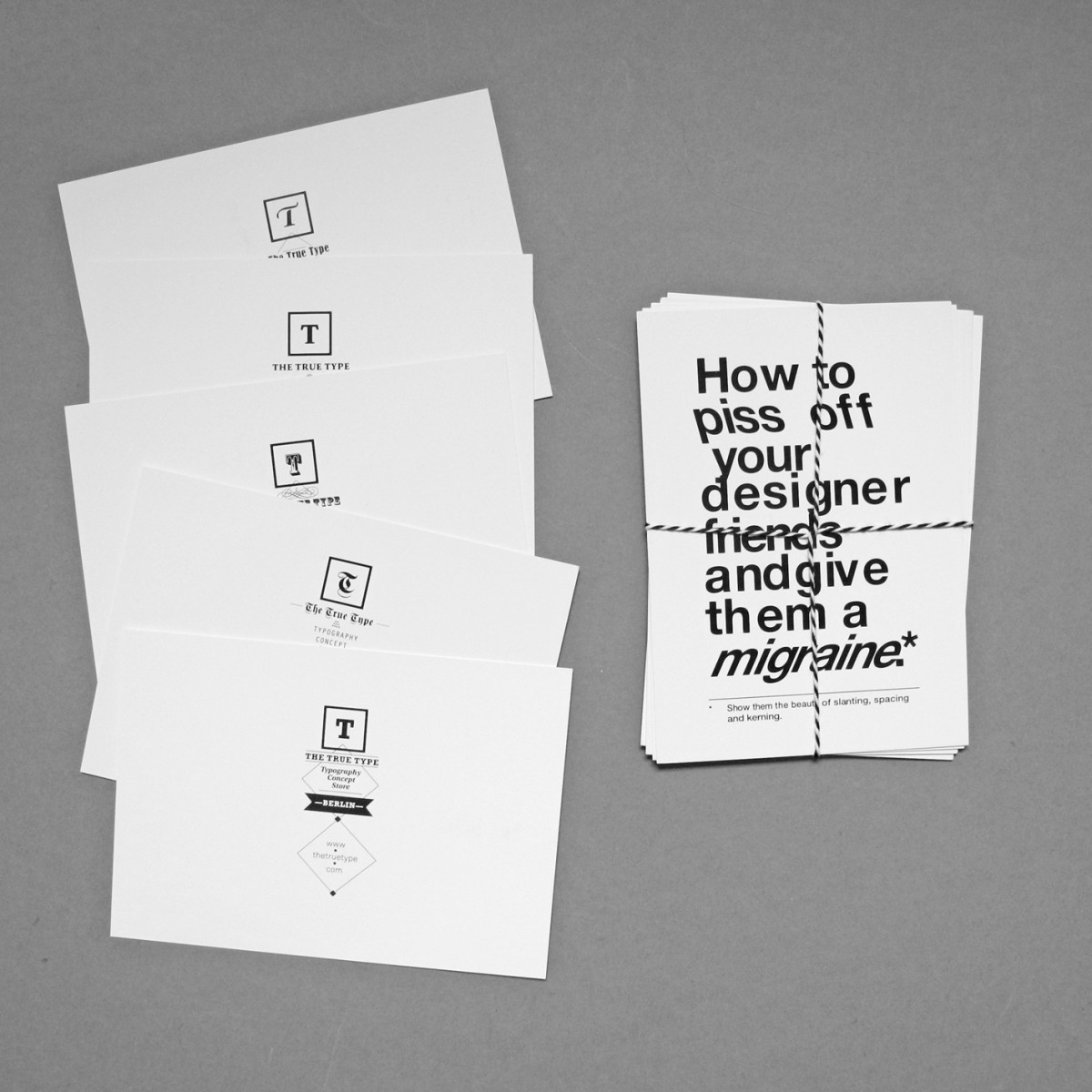 The True Type Set von 5 typografischen Postkarten »How to piss off your designer friends and give them a migraine«