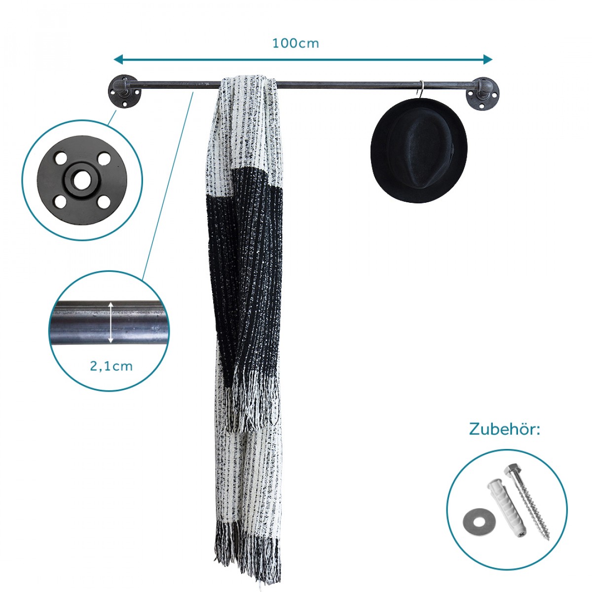 Industrial Style Kleiderstange · Wandgarderobe im Industriedesign SOLID LINE - Tiefe 25 cm