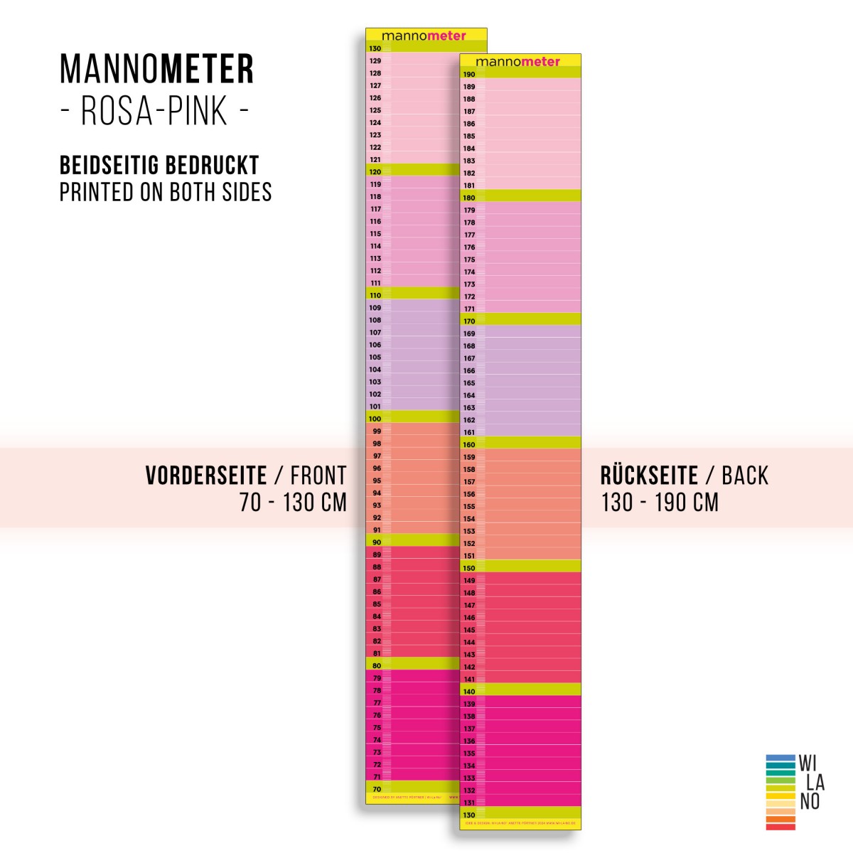 Minimalistische Design-Messlatte „mannometer“ | 70 bis 190 cm | Variante „rosa-pink“ | beidseitig bedruckt | 100% Recyclingpapier | Wi-La-No