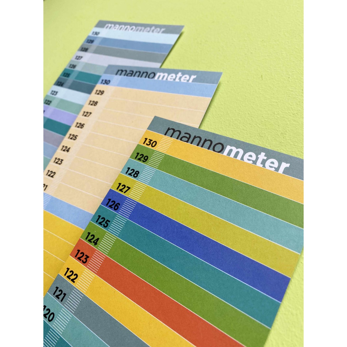 Minimalistische Design-Messlatte „mannometer“ | 70 bis 190 cm | Variante „multicolor“ | beidseitig bedruckt | 100% Recyclingpapier | Wi-La-No