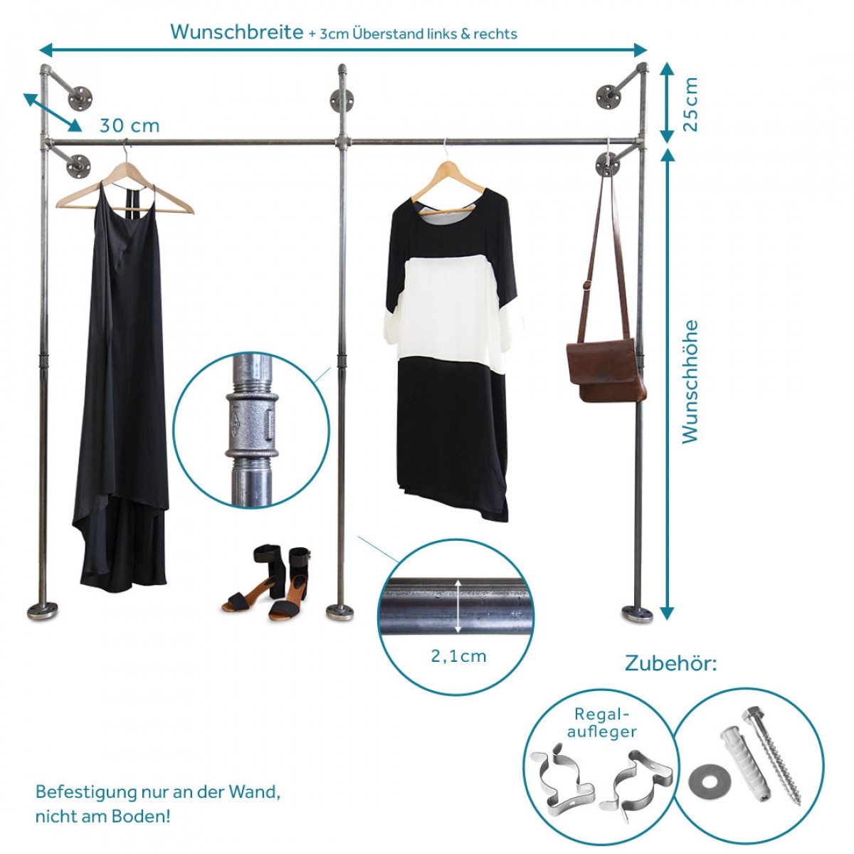 Industrial Design Garderobe & offenes Kleiderschranksystem in Wunschgröße - Kleiderständer für Wandmontage aus Wasserrohr DUO HIGH