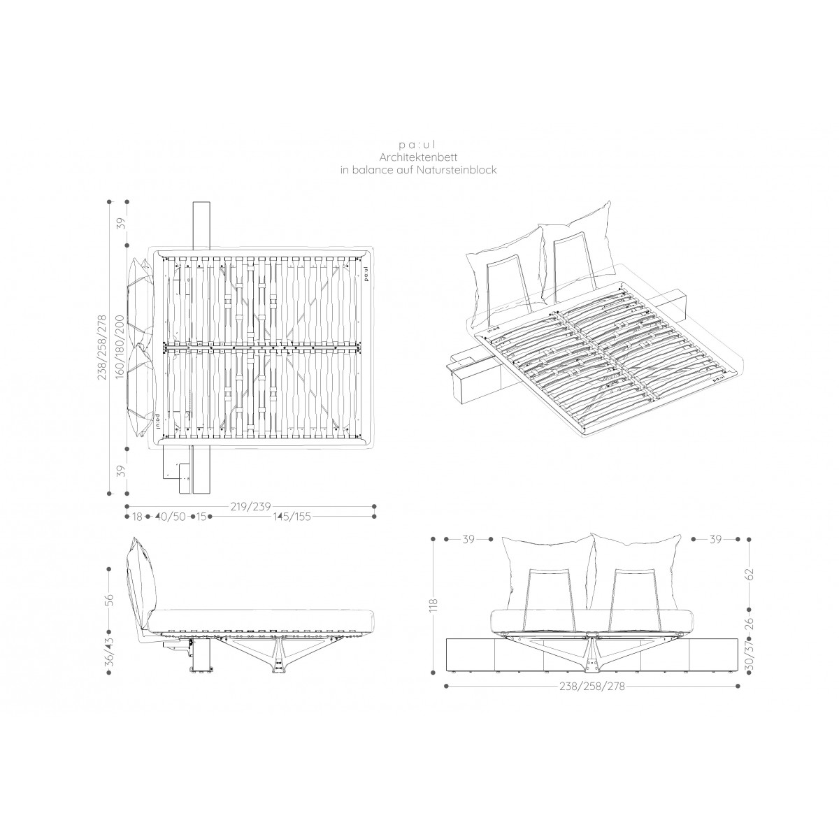 Das Architektenbett - in balance auf Naturstein-Block für Matratzen mit 180 cm x 200 cm