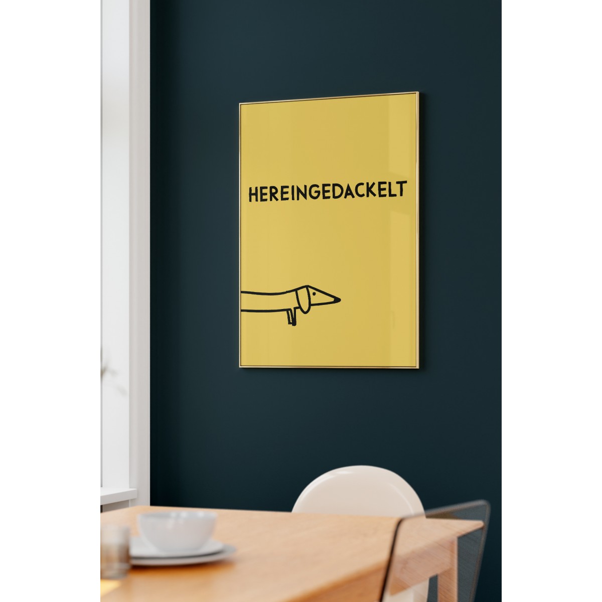 vonSUSI Fine Art Poster mit Dackel "Hereingedackelt" in gelb, Din A4-A1
