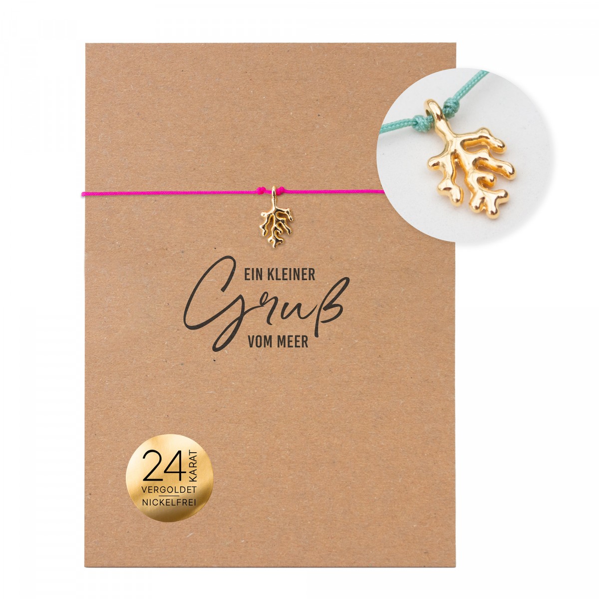 Bow & Hummingbird Armband auf Karte - Koralle - Ein kleiner Gruß vom Meer - 24 Karat vergoldet