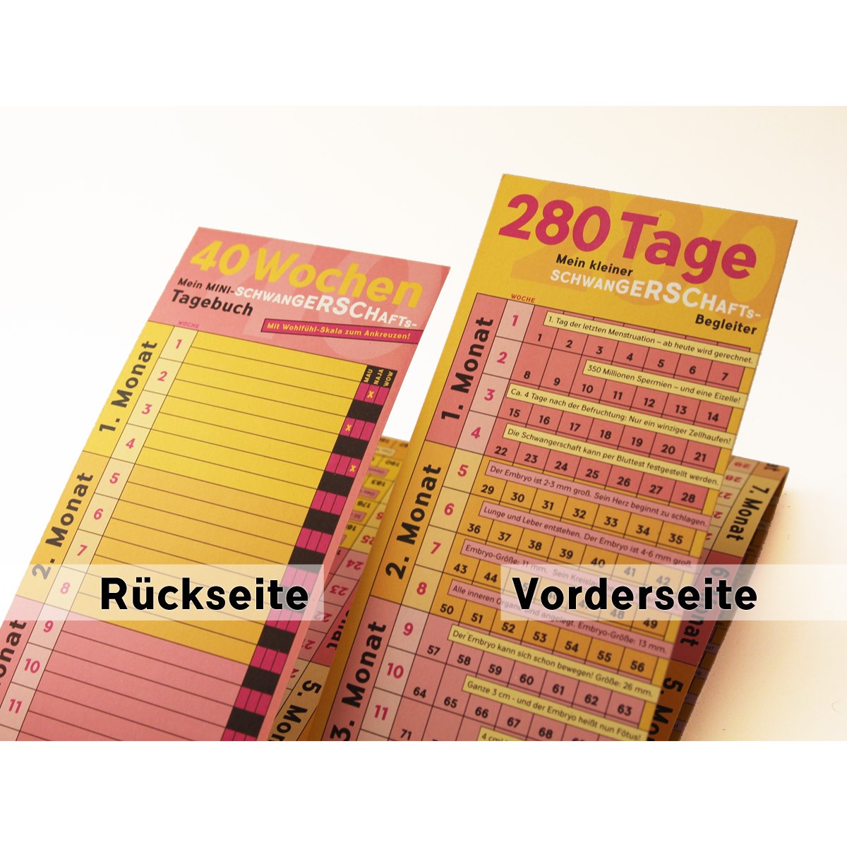 Schwangerschaftskalender mit Mini-Tagebuch | Variante „Pink-Orange-Rosa-Gelb“ | 280 Tage | beidseitig bedruckt