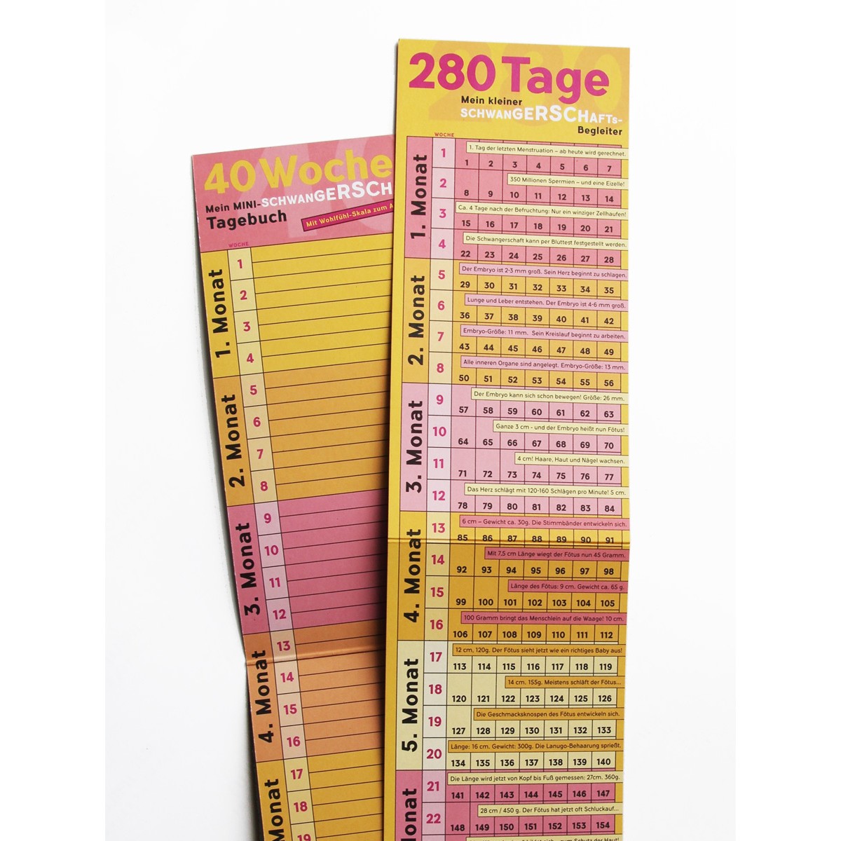 Schwangerschaftskalender mit Mini-Tagebuch | Variante „Pink-Orange-Rosa-Gelb“ | 280 Tage | beidseitig bedruckt