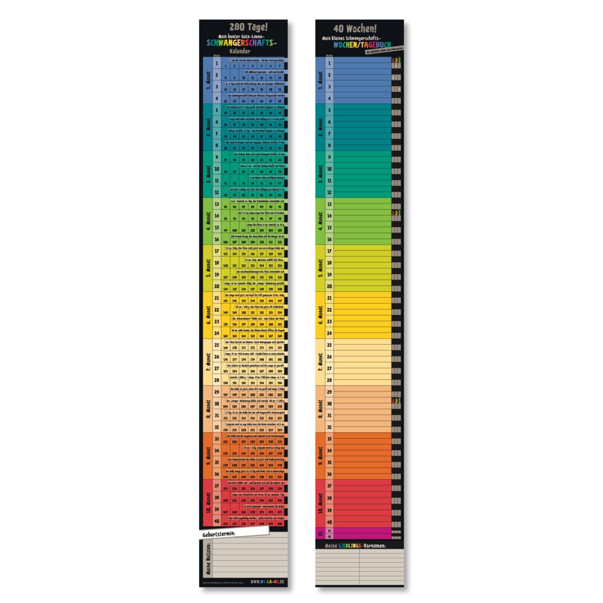 Schwangerschaftskalender mit Mini-Tagebuch | Variante „Regenbogen“ | 280 Tage | beidseitig bedruckt