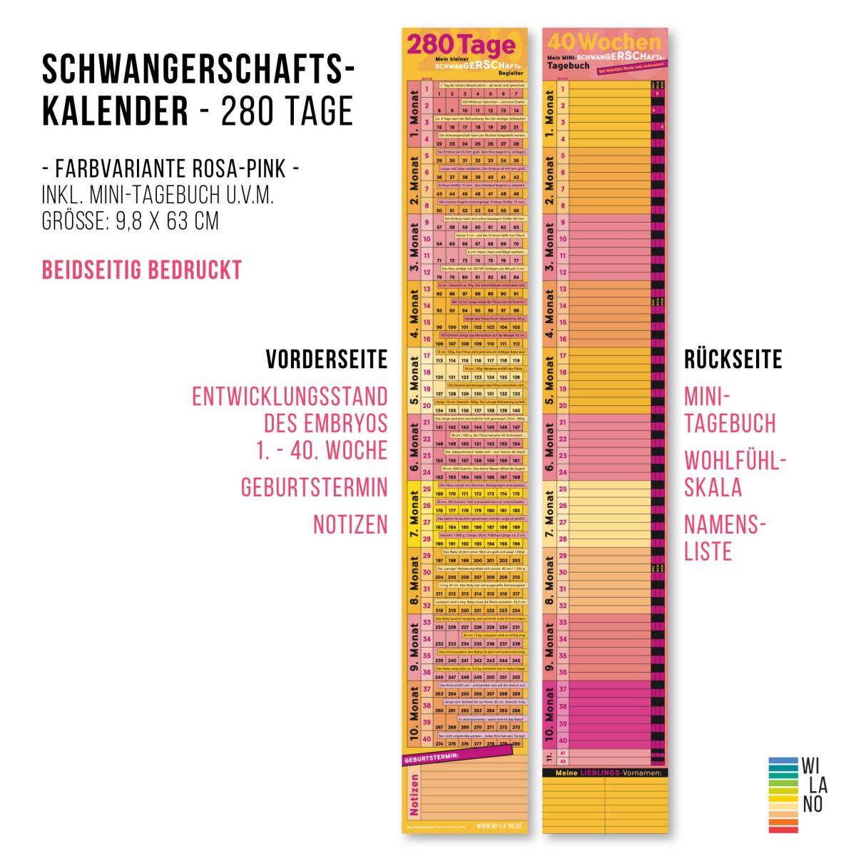 Schwangerschaftskalender mit Mini-Tagebuch | Variante „Pink-Orange-Rosa-Gelb“ | 280 Tage | beidseitig bedruckt