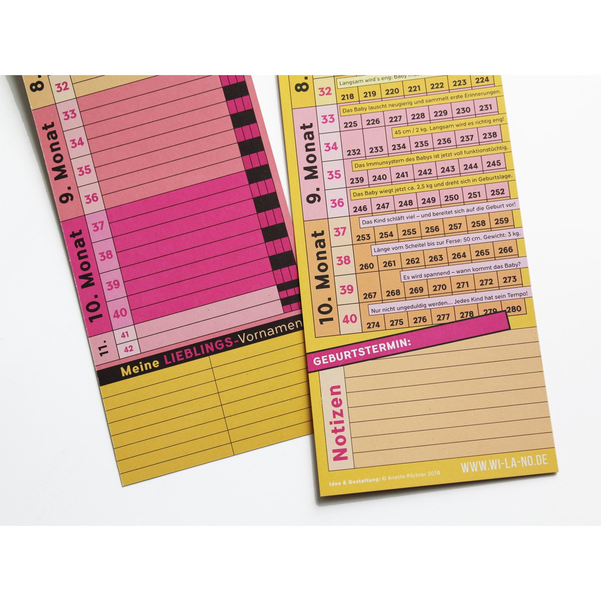 Schwangerschaftskalender mit Mini-Tagebuch | Variante „Pink-Orange-Rosa-Gelb“ | 280 Tage | beidseitig bedruckt
