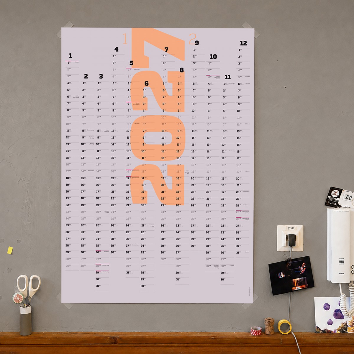 A1-Jahresplaner 2027 und 2028, 2-Jahres-Kalender, Halbjahre abtrennbar, Wandkalender 24 Monate verwendbar, grau // sperlingB.design