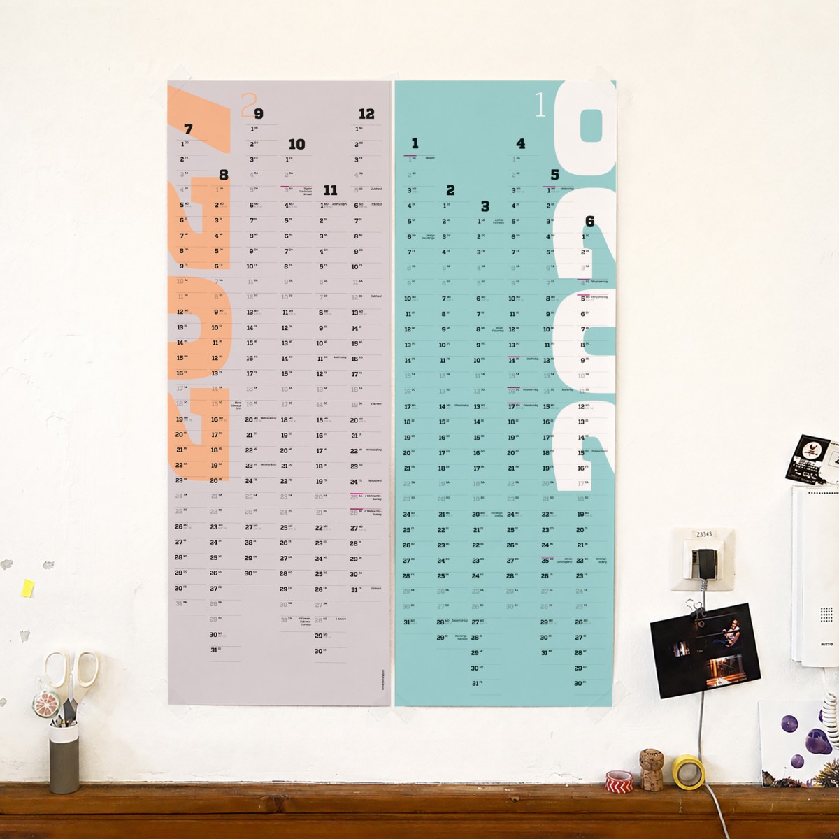 A1-Jahresplaner 2027 und 2028, 2-Jahres-Kalender, Halbjahre abtrennbar, Wandkalender 24 Monate verwendbar, grau // sperlingB.design