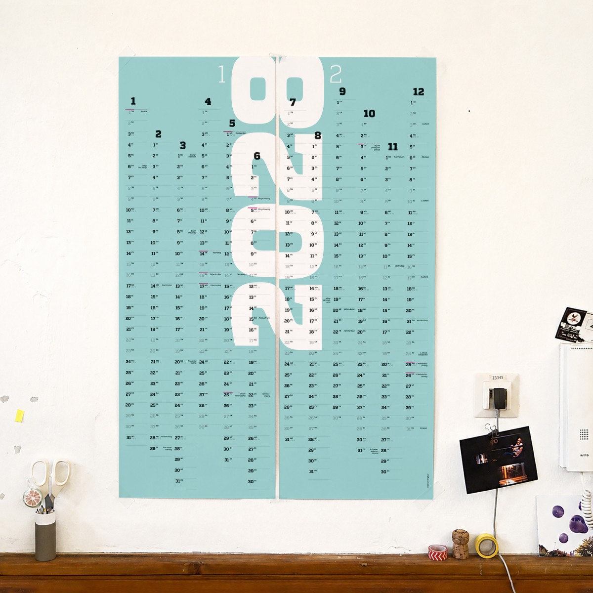 A1-Jahresplaner 2027 und 2028, 2-Jahres-Kalender, Halbjahre abtrennbar, Wandkalender 24 Monate verwendbar, grau // sperlingB.design