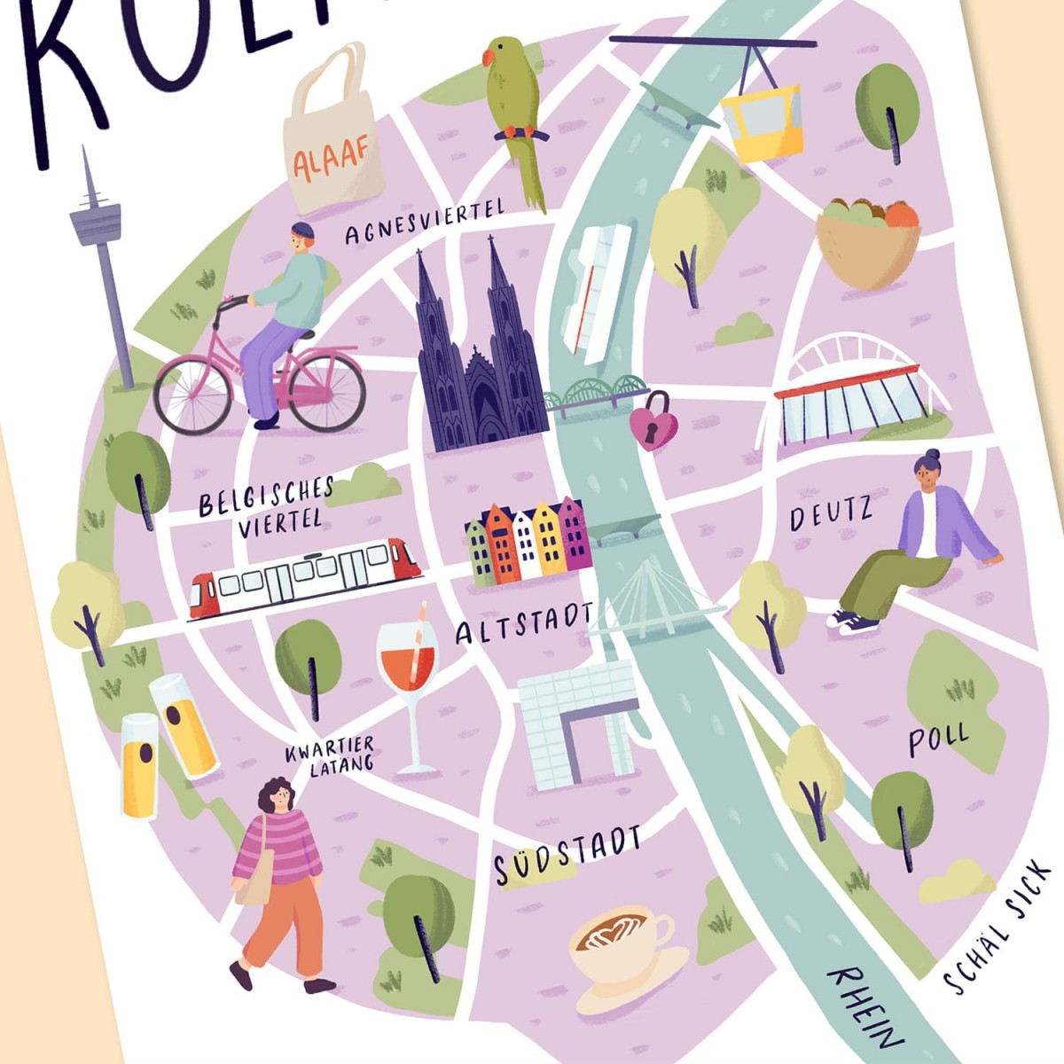 Köln Karte / Kunstprint A5, A4, A3 / Svea Hansohn Illustration