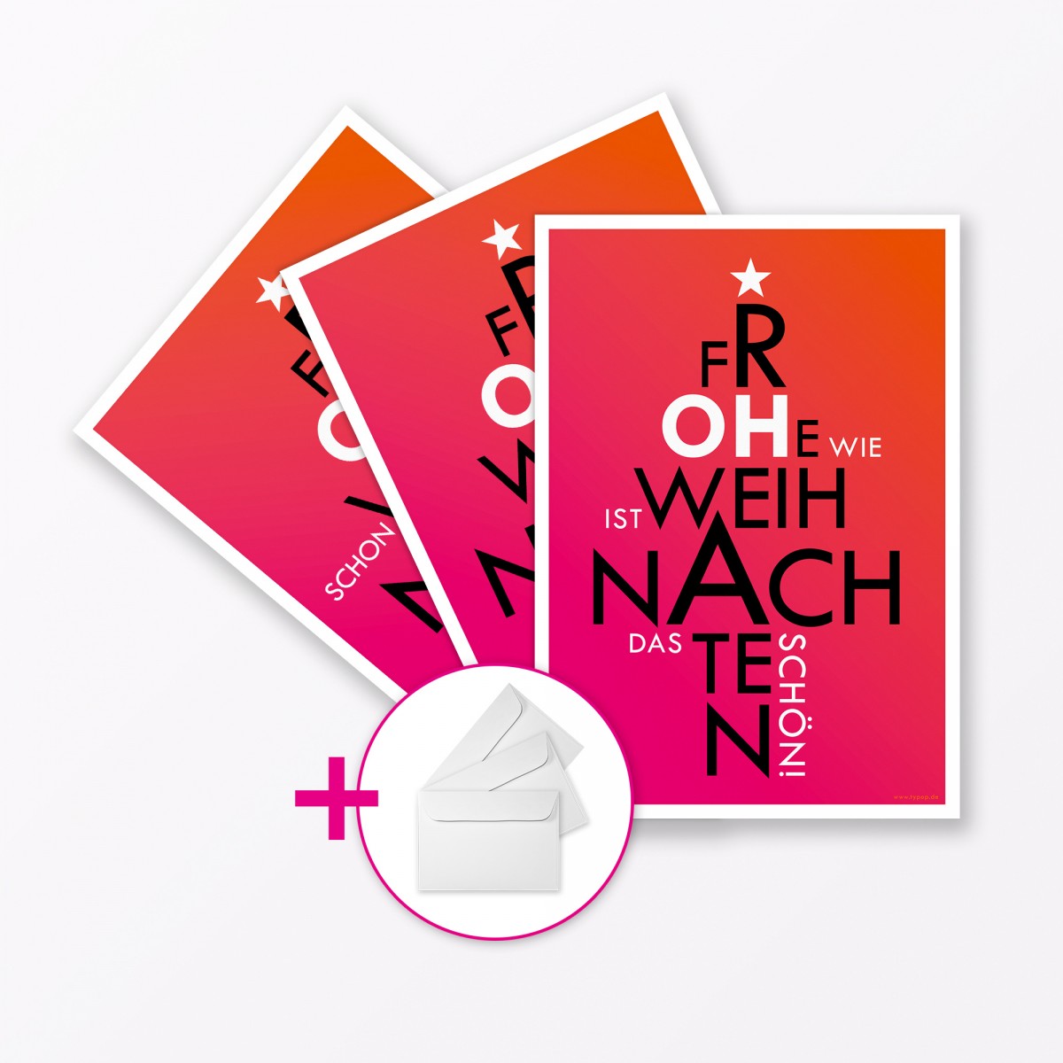 TYPOP 3-teiliges Set Weihnachtskarten "Oh..." Pink A5 inkl. Umschläge weiß