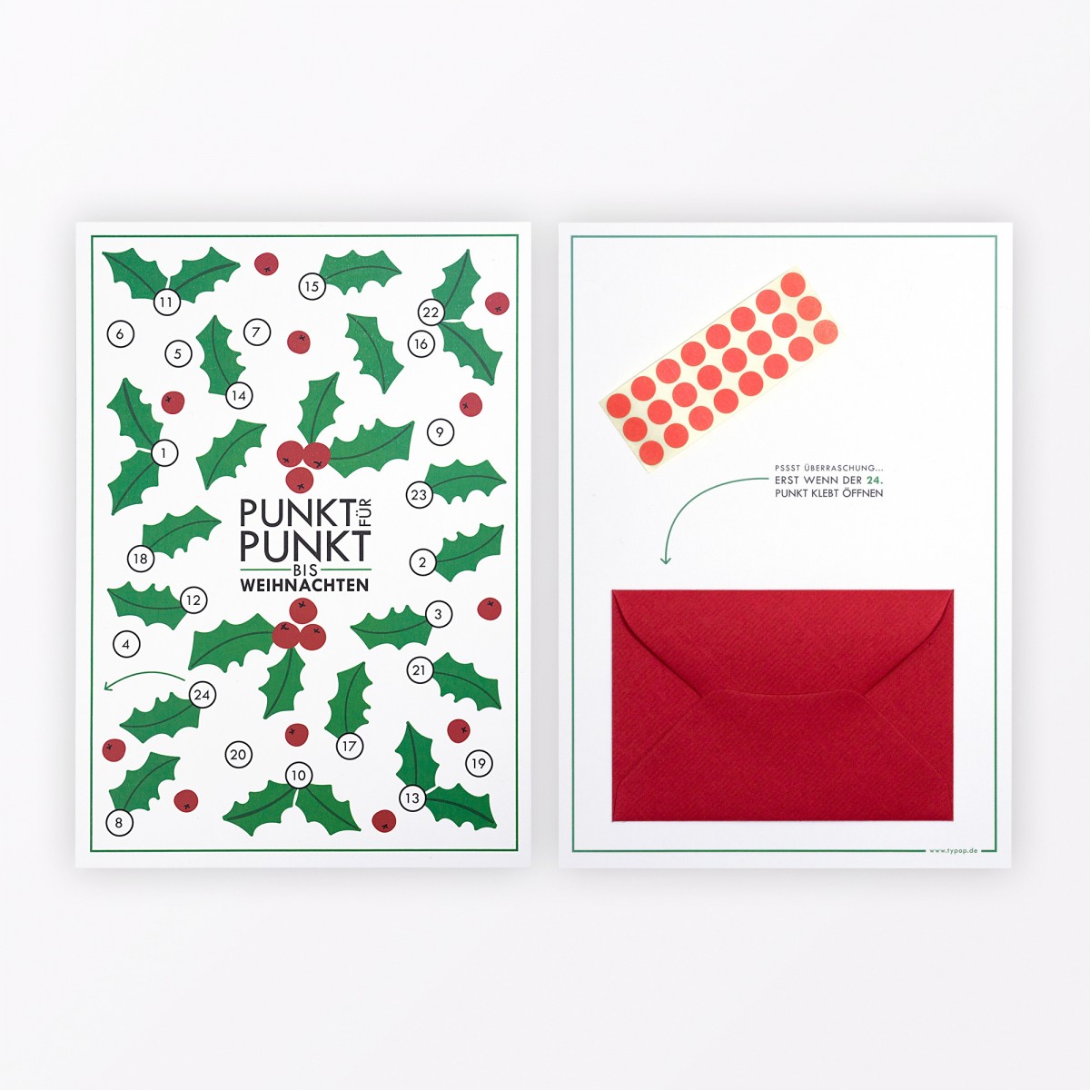 TYPOP Adventskalenderkarte "Stechpalme" inkl. Umschlag, Minikarte + Umschlag und Klebepunkte