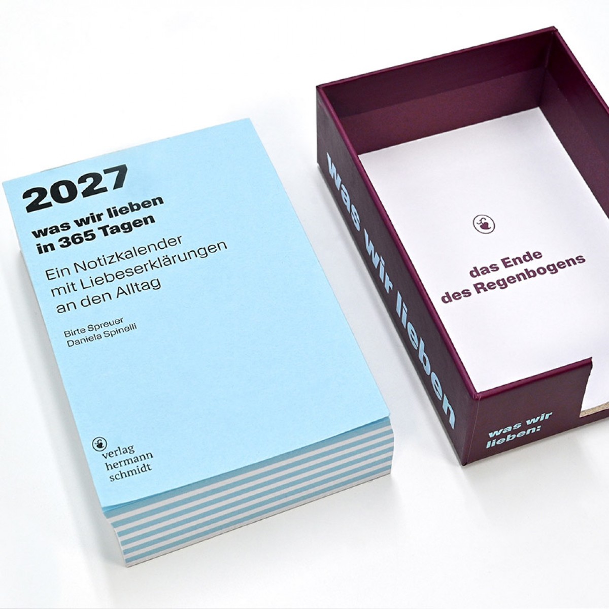 »was wir lieben 2027« Notizkalender für 2027 mit Liebeserklärungen an den Alltag. Von Verlag Hermann Schmidt.