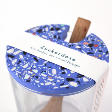 objet vague / Terrazzo Zuckerdose mit Holzlöffel / Blau
