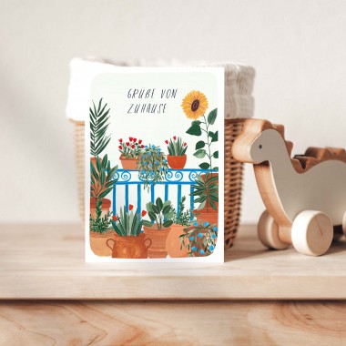 Paperlandscape | Faltkarte "Grüße von Zuhause" | botanisch | Pflanzen | Aquarell Balkon | Urlaub | Reisen auf Balkonien | Sonnenblume
