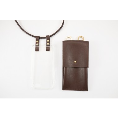 iPhone case zum umhängen mit geflochtener Lederkordel und abnehmbarer Tasche, dunkelbraun/gold