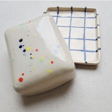 Skelini - Keramik Butterdose handgemacht dunkel blau und Konfetti