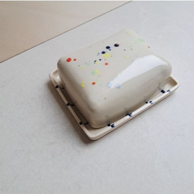 Skelini - Keramik Butterdose handgemacht dunkel blau und Konfetti