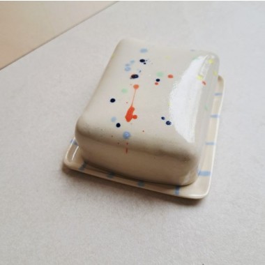 Skelini - Keramik Butterdose handgemacht hell blau und Konfetti