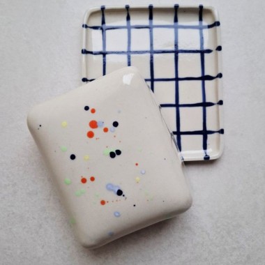 Skelini - Keramik Butterdose handgemacht bunt und dunkel blau